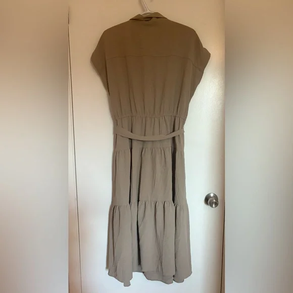 NWT DKNY Khaki Tiered Button Down Tie Waist Midi Dress Sz 12 - Picture 6 of 9